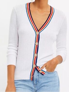 LOFT White V-Neck Rainbow Trim Button Cardigan Sweater